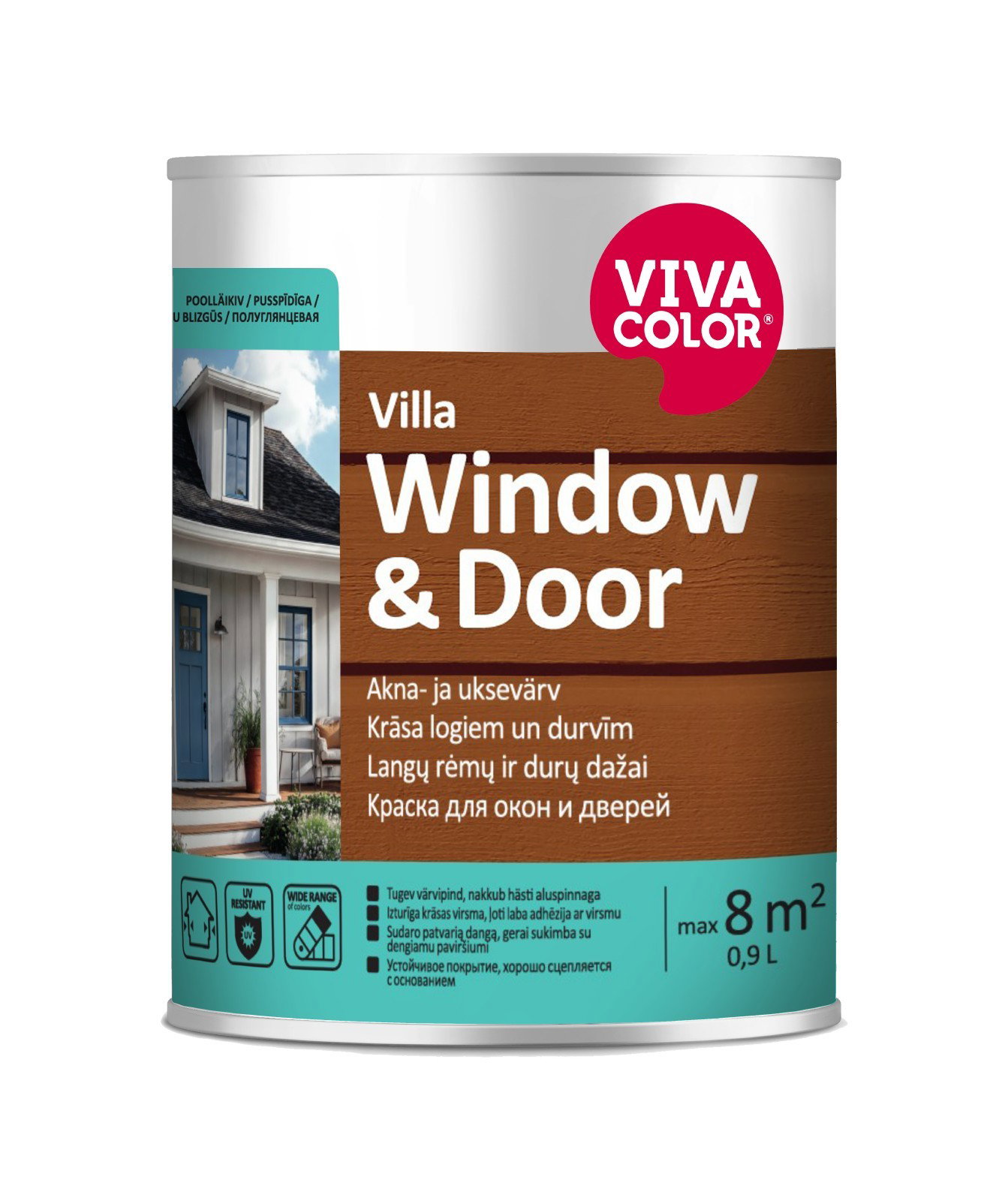 Langų rėmų dažai VIVACOLOR VILLA WINDOW & DOOR, pusiau blizgūs, baltos sp., A bazė, 0,9 l-0