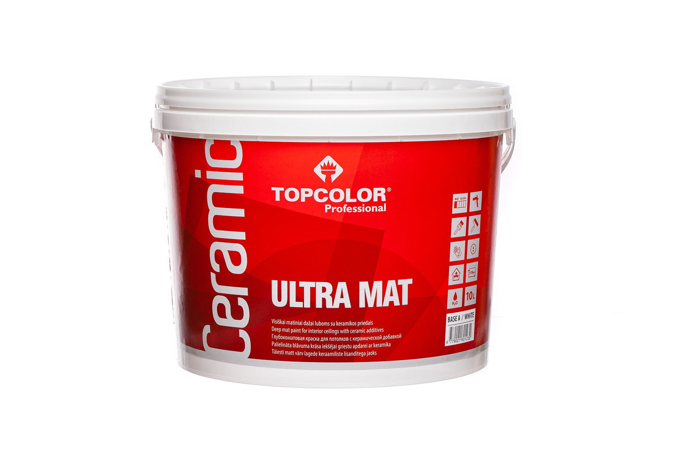 Prailginto džiūvimo lubų dažai TOPCOLOR CERAMIC ULTRA MAT, visiškai matiniai, baltos sp., 10 l-0