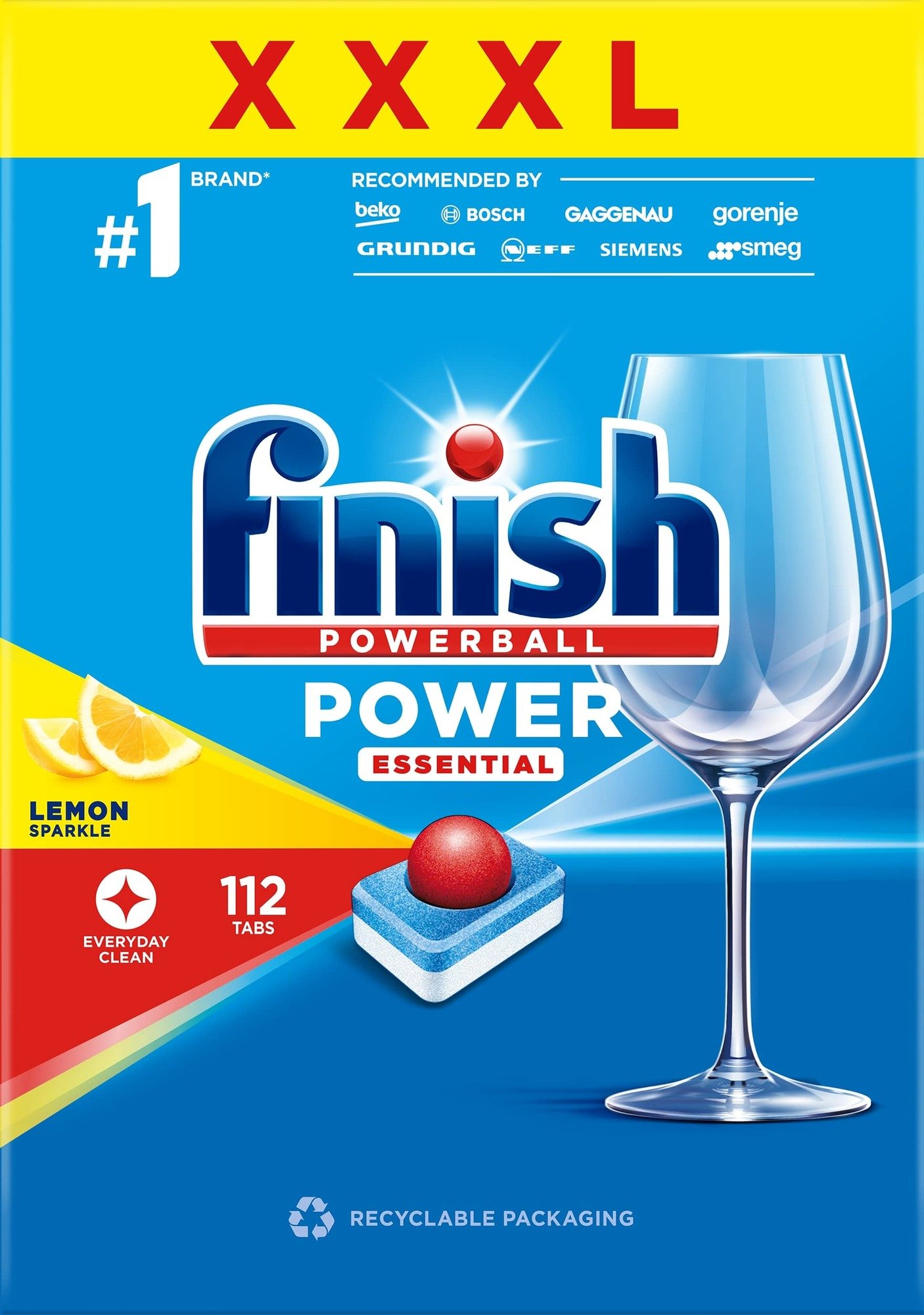 Indaplovių tabletės FINISH Powerball Power Essential Lemon, 112 vnt.