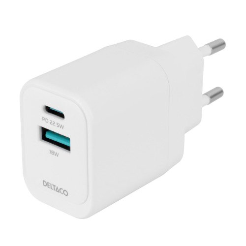 Sieninis įkroviklis DELTACO su USB-A (18W) & USB-C (20W) jungtimis, USBC-AC154, baltos sp.-0