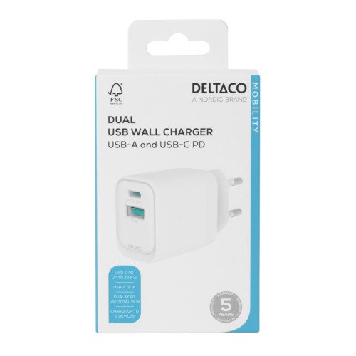 Sieninis įkroviklis DELTACO su USB-A (18W) & USB-C (20W) jungtimis, USBC-AC154, baltos sp. - 4