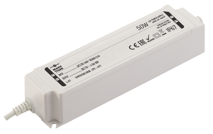 LED transformatorius MACH TIGER, IP67, 50 W, įėjimas AC220-240V, išėjimas DC12V-0
