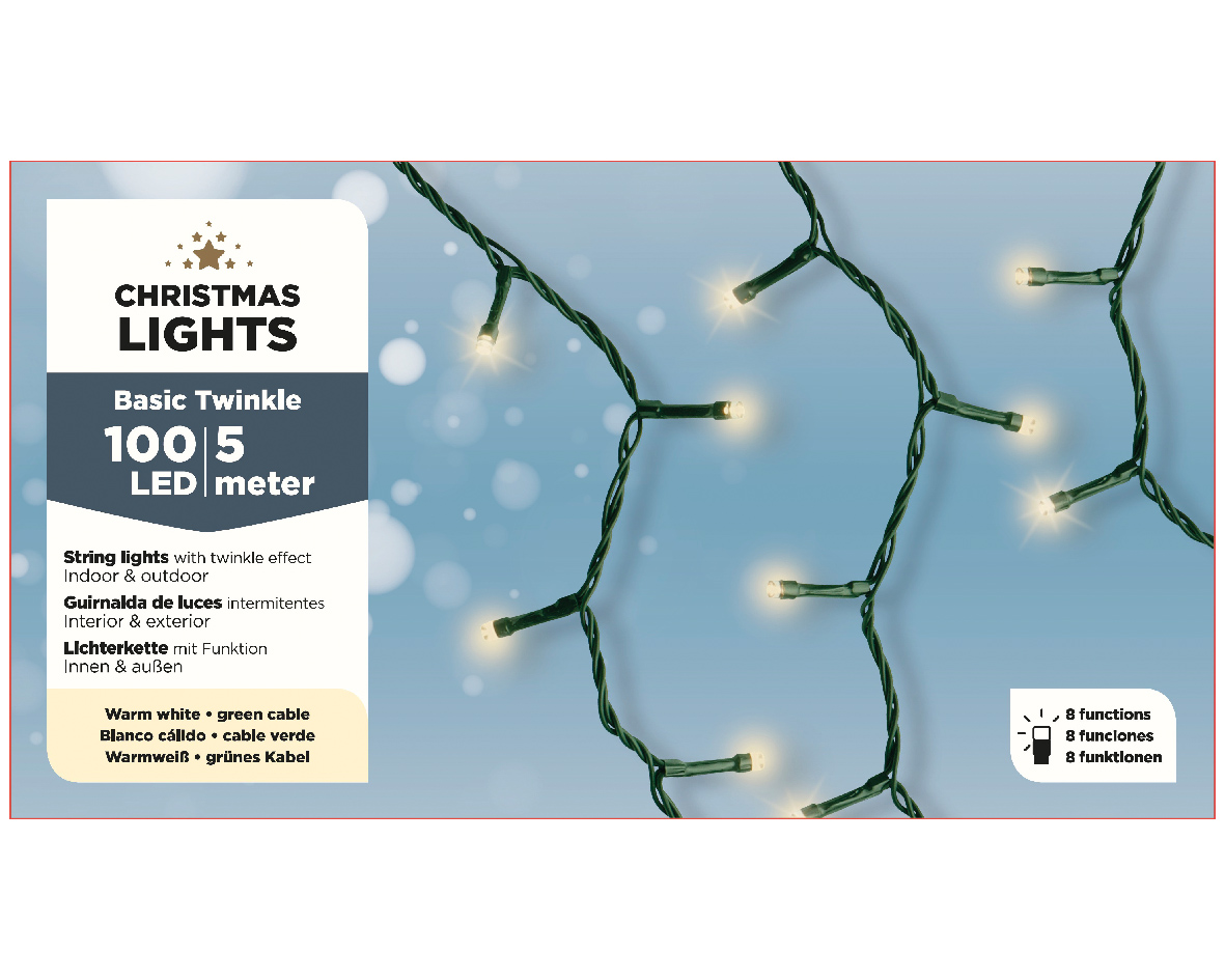 Elektrinė girlianda BUDGET BASIC, 100 LED, IP44, 1.35 W, šiltai balta, 7.95 m - 3