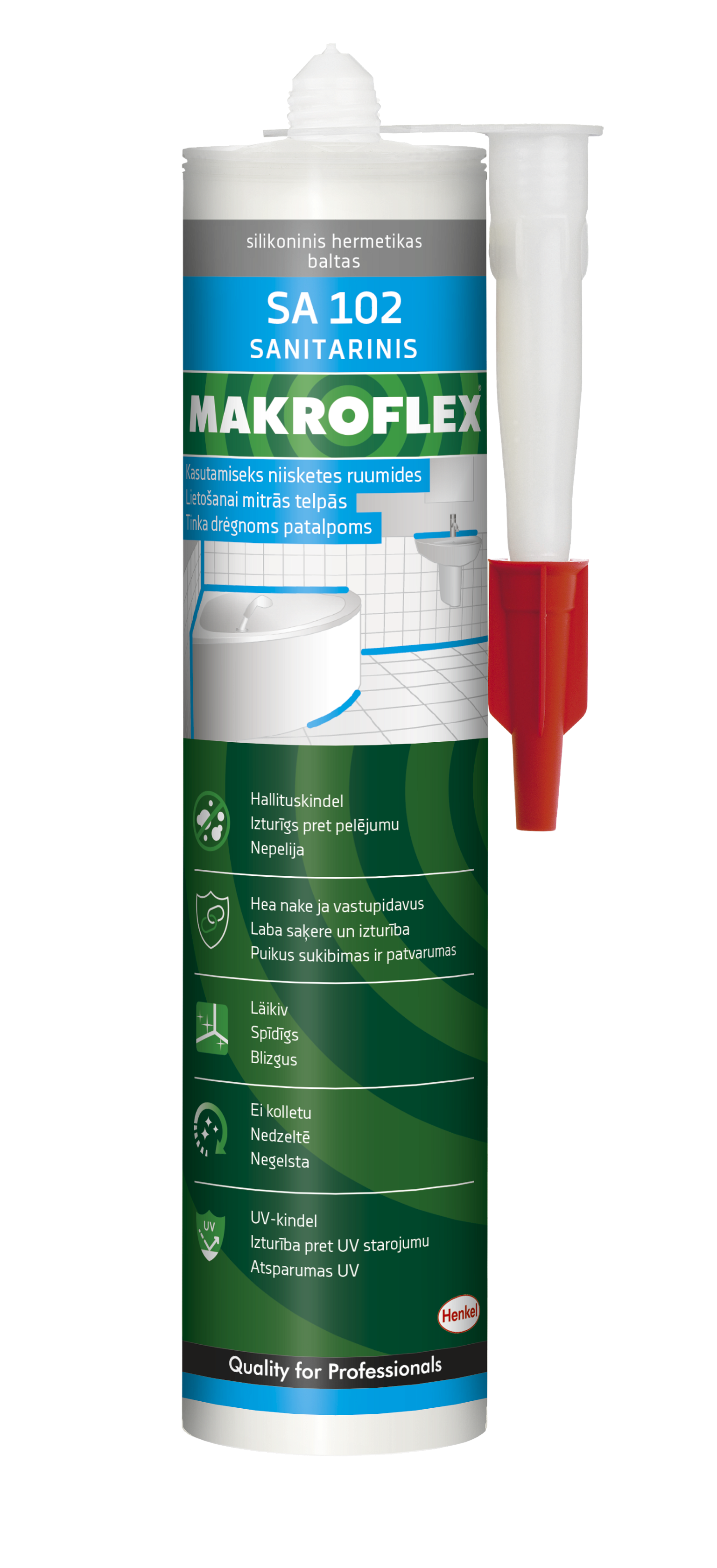 Sanitarinis silikoninis hermetikas MAKROFLEX SA102, baltos sp., 300 ml