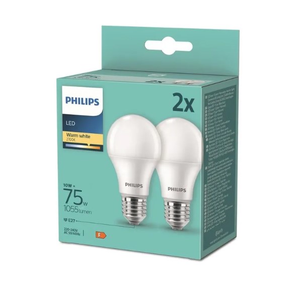 LED lemputė PHILIPS, A60, 10W(=75W), E27,2700K,1055lm,NON-DIM, šiltai baltos spalvos,2vnt.-0