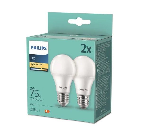 LED lemputė PHILIPS, A60, 10W(=75W), E27,2700K,1055lm,NON-DIM, šiltai baltos spalvos,2vnt.
