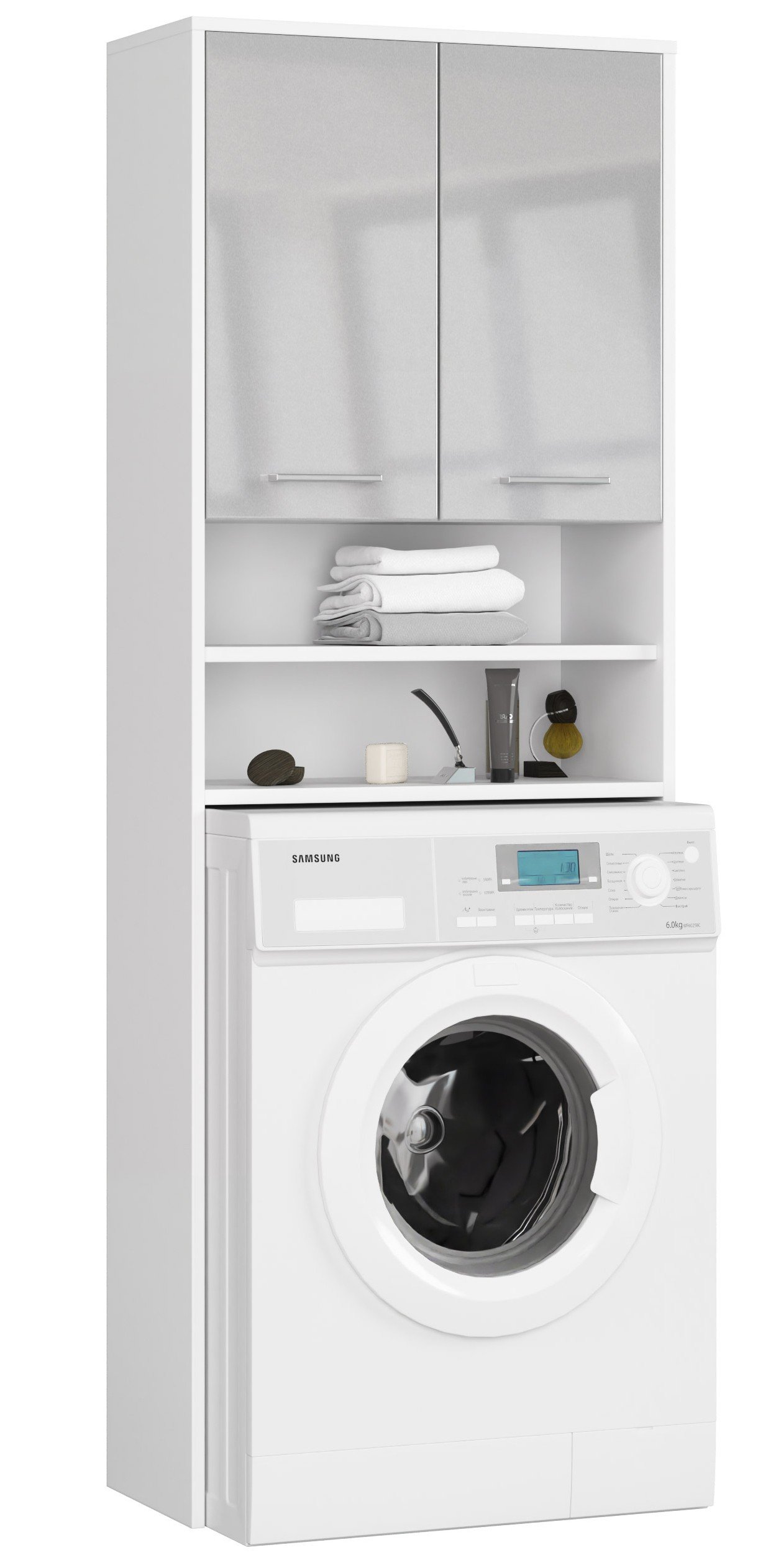 Pastatoma vonios spintelė virš skalbimo mašinos FIN 2D, 60 cm, balta/pilka blizgi