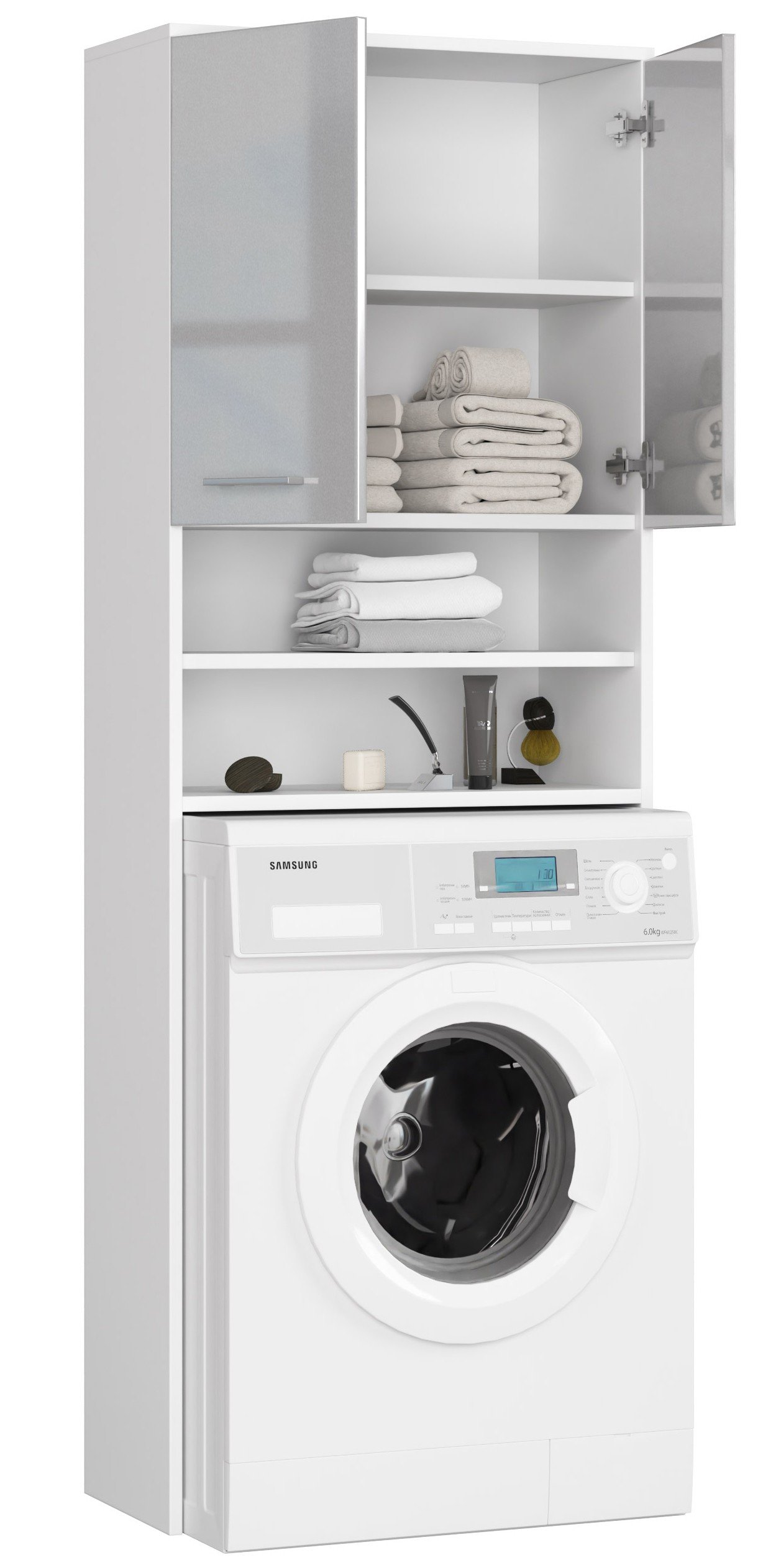 Pastatoma vonios spintelė virš skalbimo mašinos FIN 2D, 60 cm, balta/pilka blizgi - 3