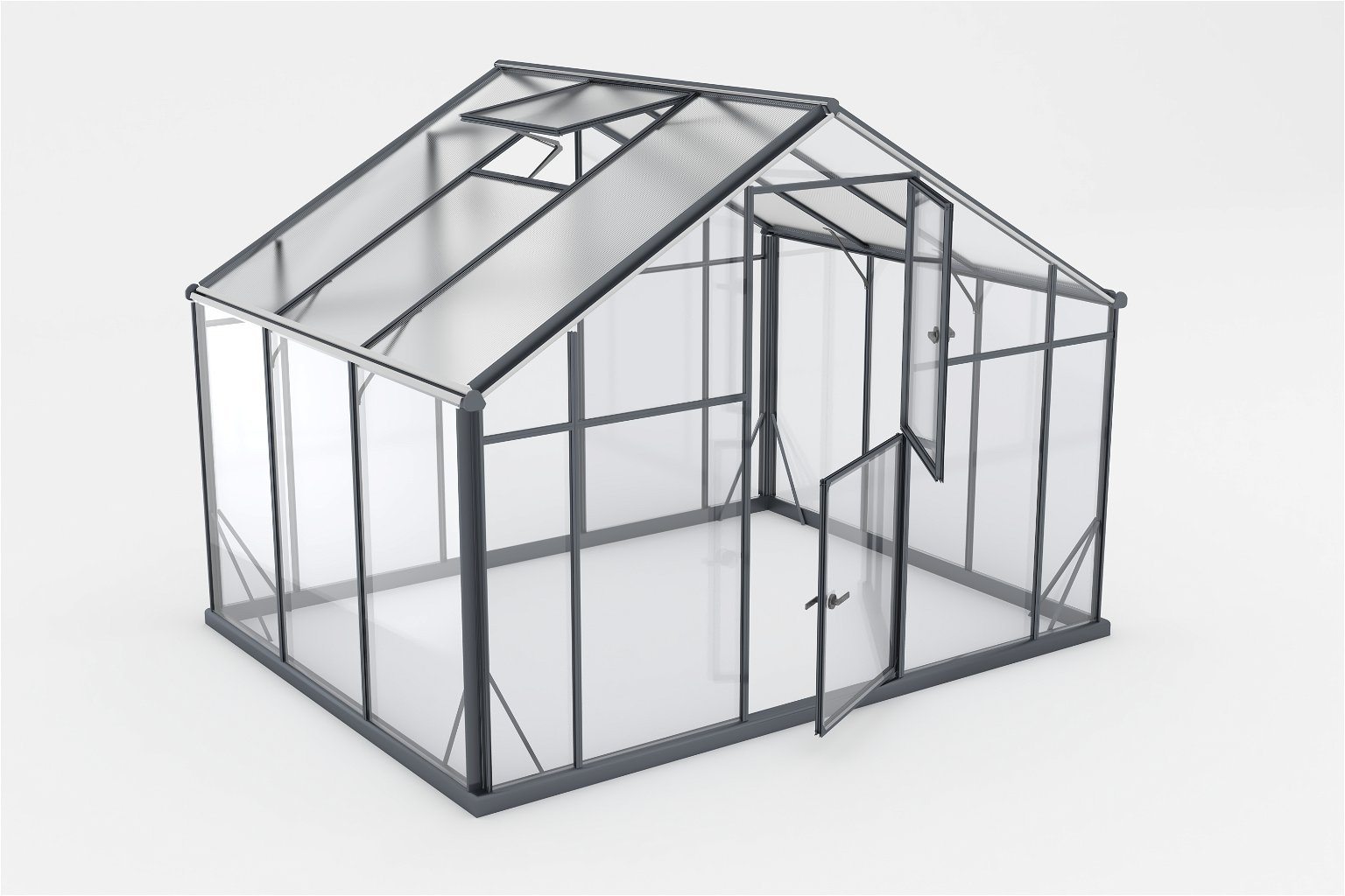 Šiltnamis SANUS HYBRID XL-7 (2,90x2,20m) RAL7016, 4mm grūdinto stiklo sienos, 6mm polikarbonato stogas
