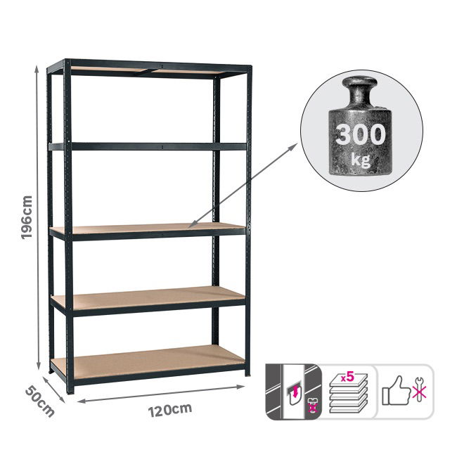 Sandėliavimo lentyna Strong 300, 196 x 120 x 40 cm, juoda sp. apkrova 300 kg-1