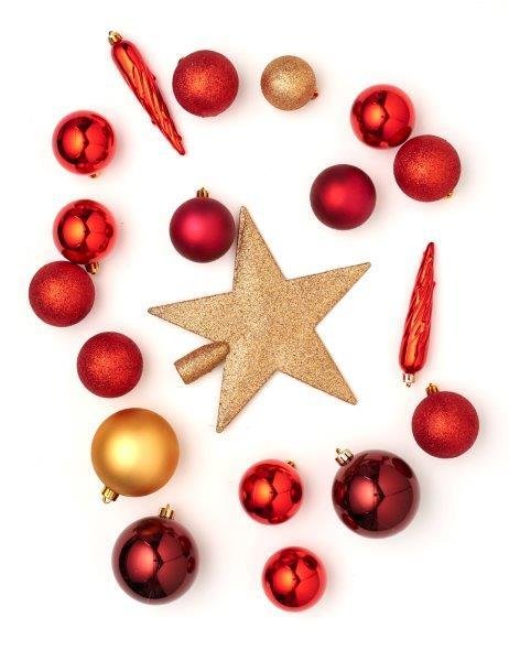 Kalėdinių eglės žaisliukų rinkinys STAR, su eglės viršūne, raudonos sp., 33 vnt.