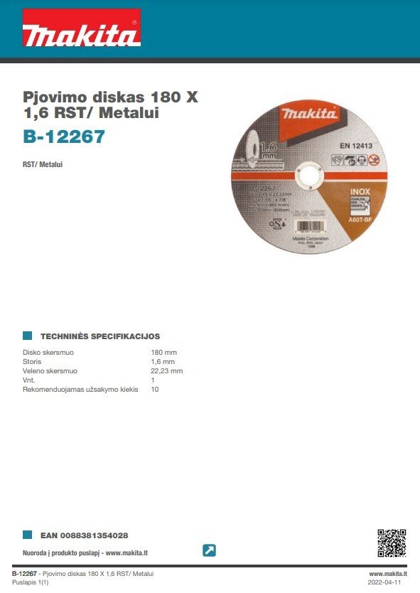 Metalo pjovimo diskas MAKITA, 180 x 1,6 mm, RST - 3